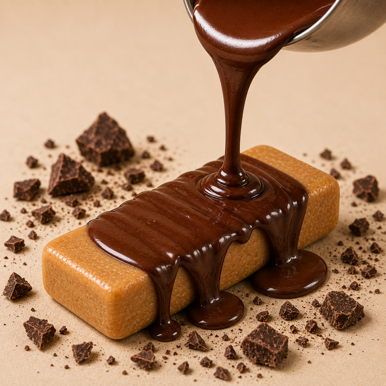 Handcrafted dark chocolate being poured over a ntty peanut butter protein bar.