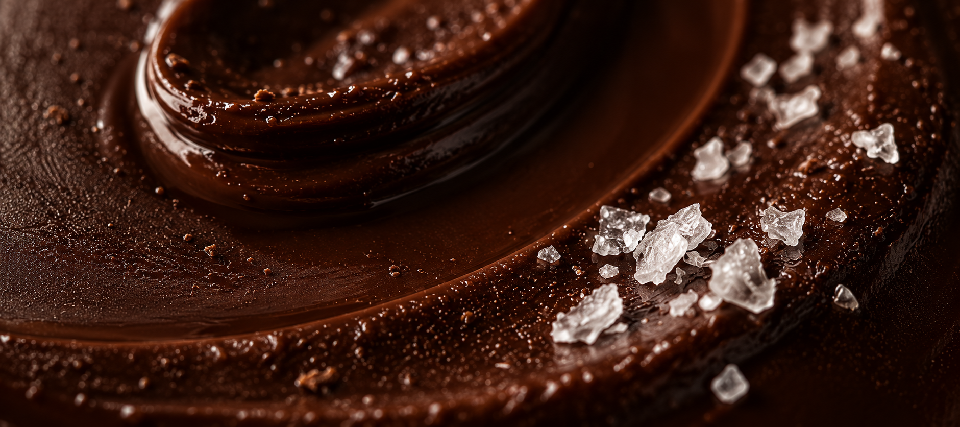 Close-up of our house-made dark chocolate topped with flaky sea salt.