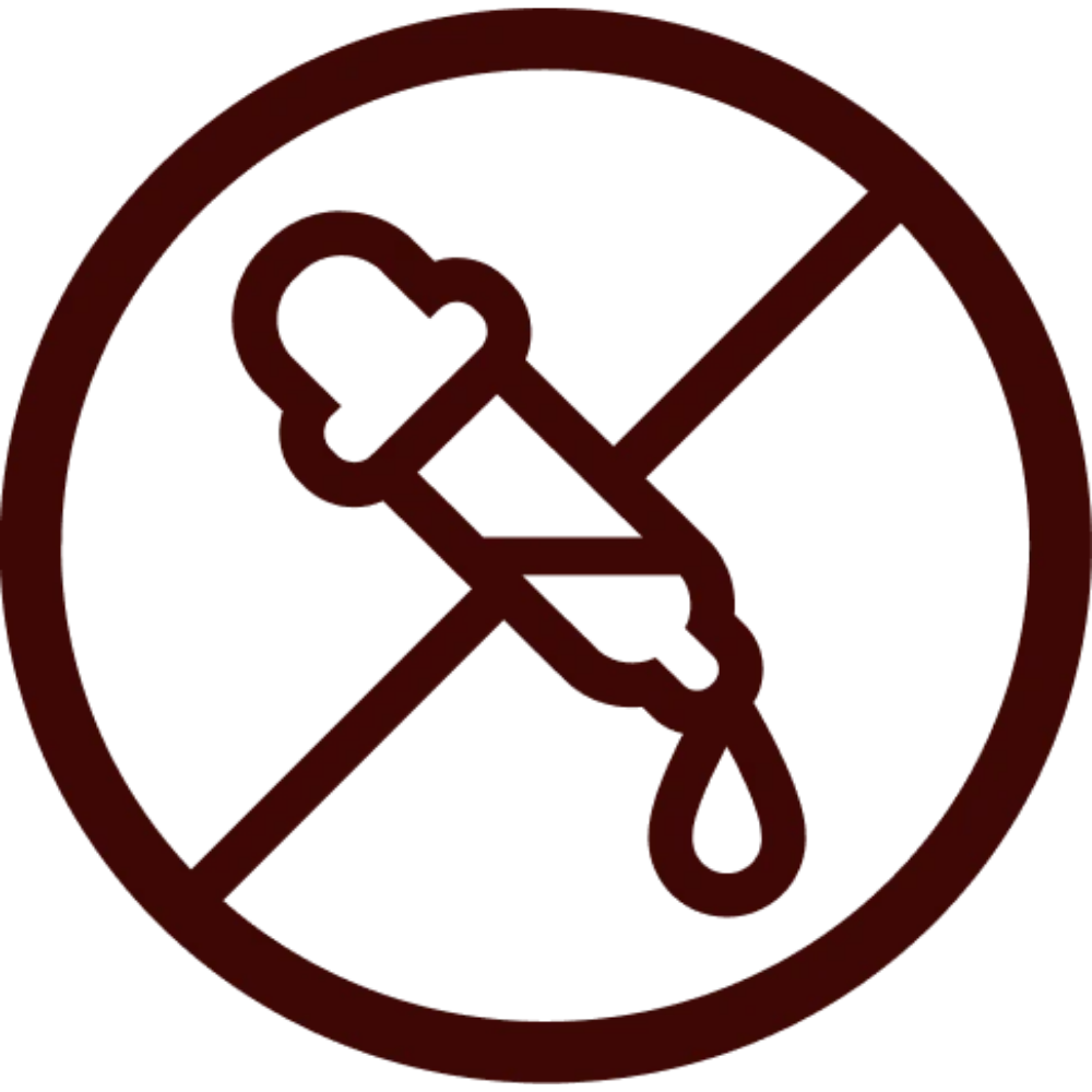 A dark brown circular icon featuring a crossed-out dropper symbol, commonly used to indicate no artificial or natural flavors.
