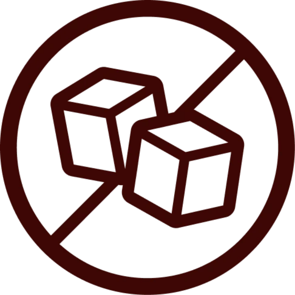 A dark brown circular icon with a diagonal slash crossing two white cube shapes, commonly used as a no refined sugar badge.
