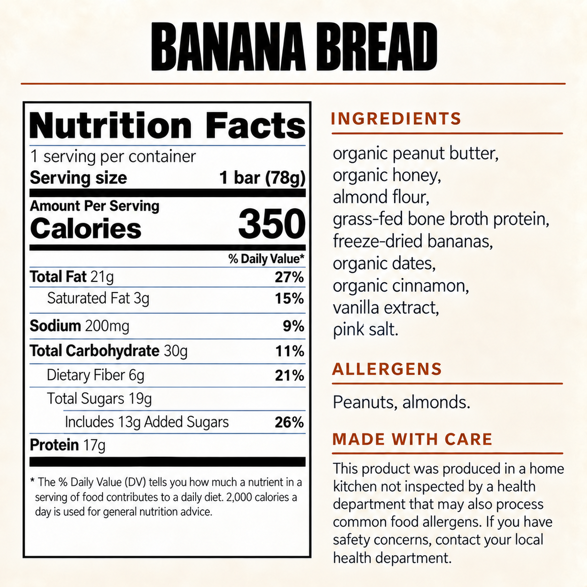 Nutrition facts and ingredients for the ntty banana bread protein bar: 350 calories, 17g protein, and 6g fiber per 78g bar. Contains peanuts and almonds.
