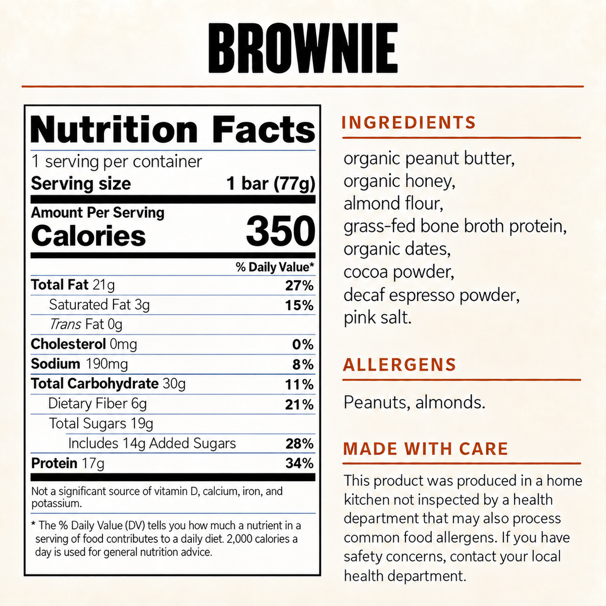 Nutrition facts and ingredients for the ntty brownie protein bar: 350 calories, 17g protein, and 6g fiber per 77g bar. Contains peanuts and almonds.