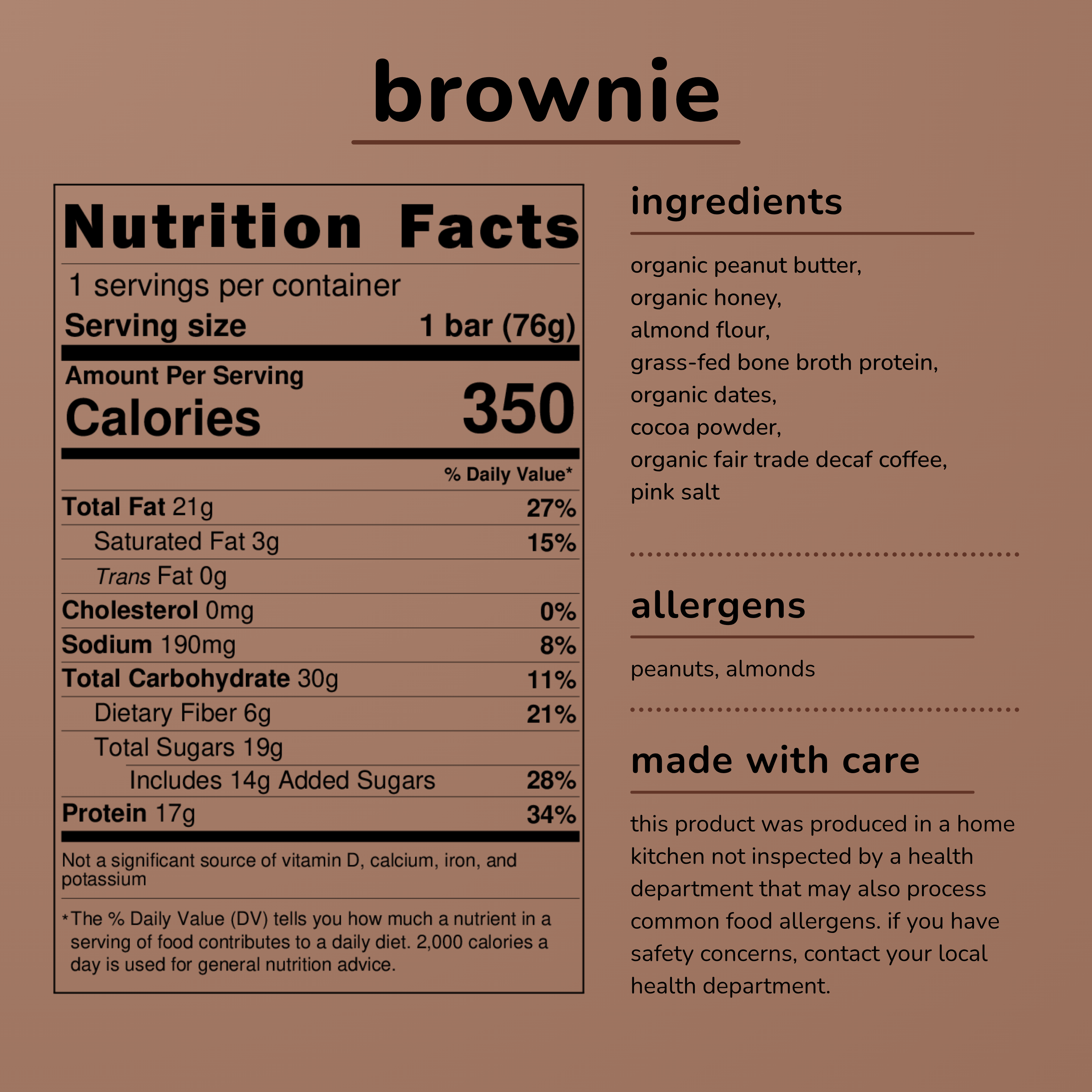 nutrition facts, ingredients and home kitchen statement for the ntty strawberry protein bar. made with organic peanut butter, organic honey, almond flour, grass-fed bone broth protein, organic dates, cocoa powder, organic fair trade decaf coffee and pink salt.