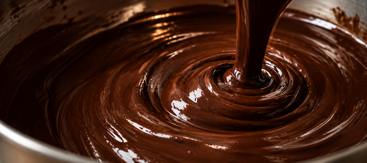 Pouring our house-made dark chocolate made from three simple ingredients: cacao, dates and cocoa butter.