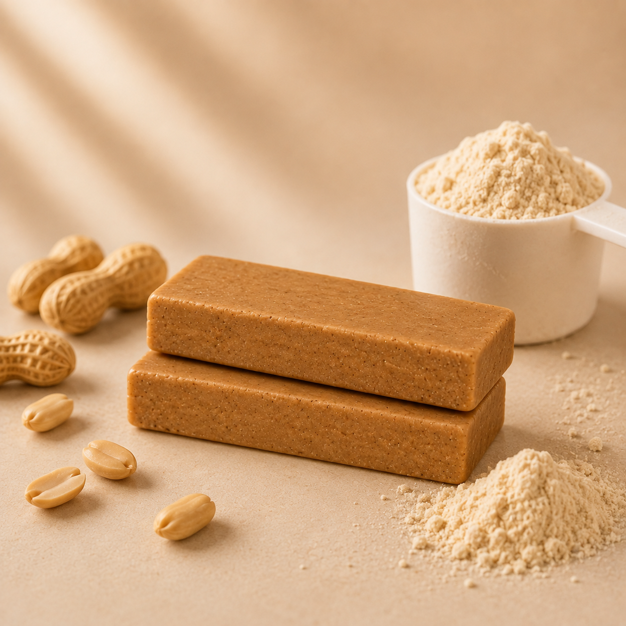 Two ntty refrigerated peanut butter bars with scatted peanuts and grass-fed bone broth protein powder.