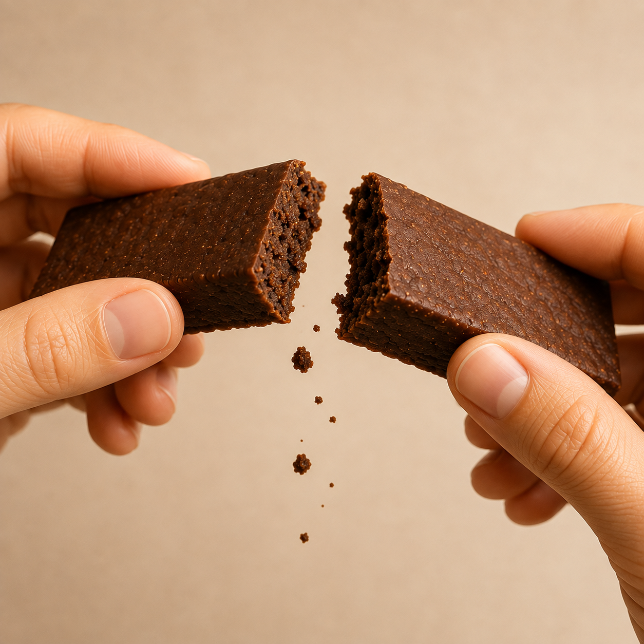 ntty Peanut Butter Brownie refrigerated peanut butter protein bar broken in half to reveal its soft interior.