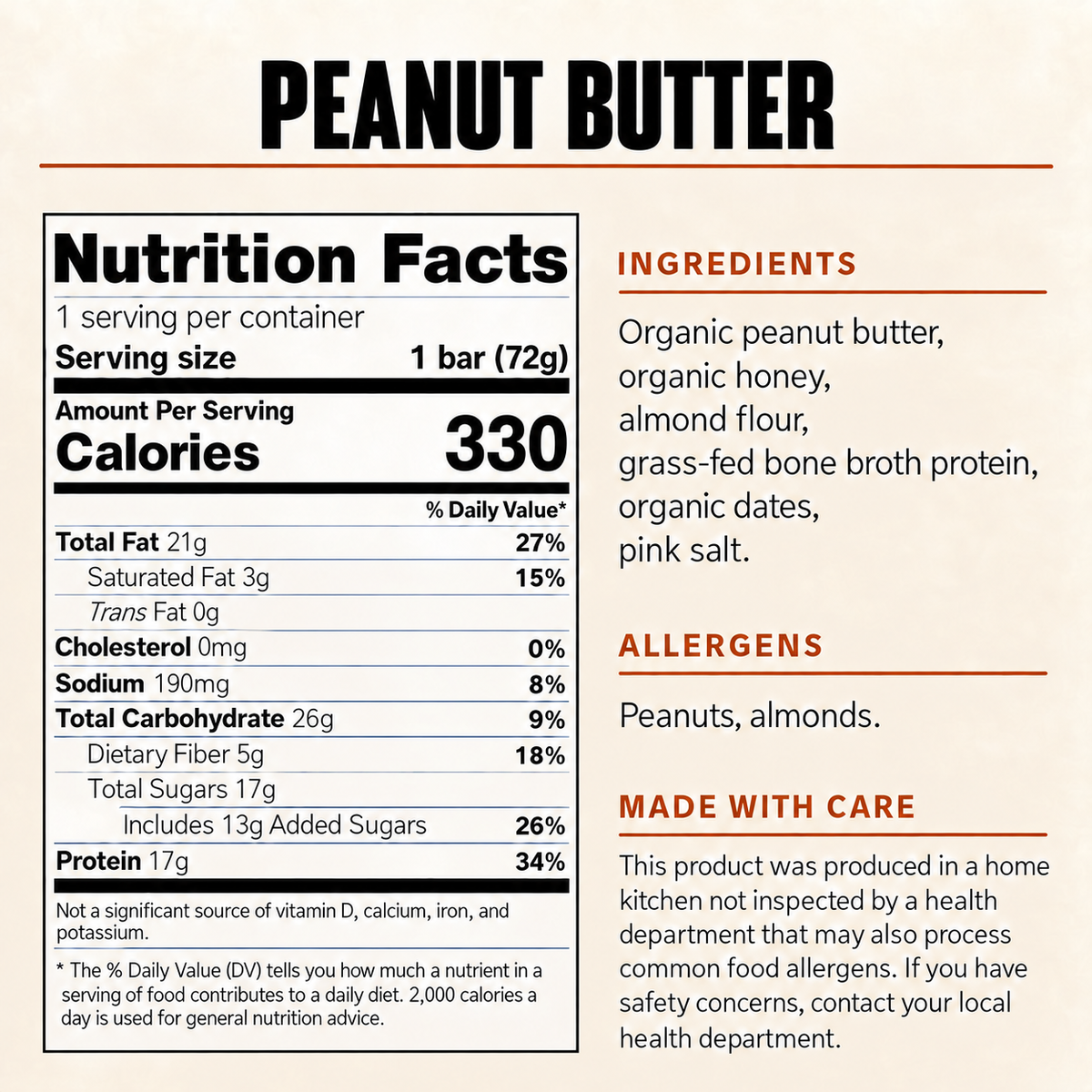 Nutrition facts and ingredients for ntty peanut butter protein bar: 330 calories, 17g protein, and 5g fiber per 72g bar. Contains peanuts and almonds.