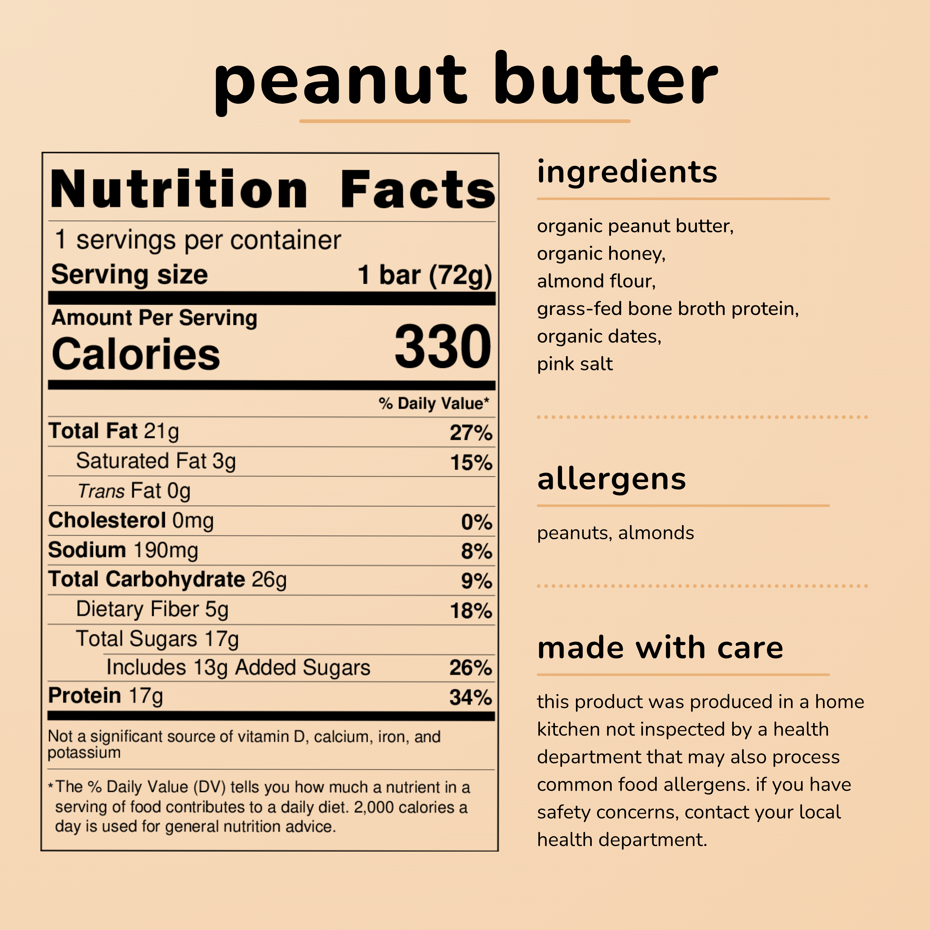 nutrition facts, ingredients and home kitchen statement for the ntty peanut butter protein bar. made with organic peanut butter, organic honey, almond flour, grass-fed bone broth protein, organic dates and pink salt.