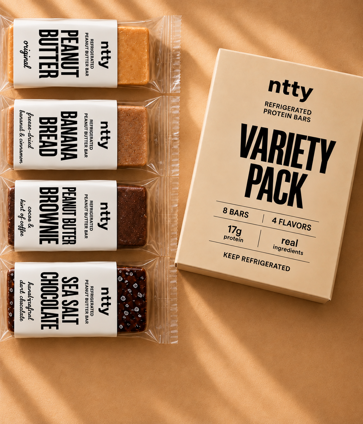 ntty protein bar variety pack with four flavors: peanut butter, banana bread, brownie and sea salt chocolate.