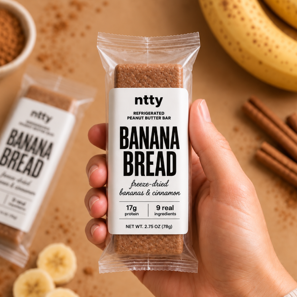 A packaged ntty refrigerated banana bread bar.