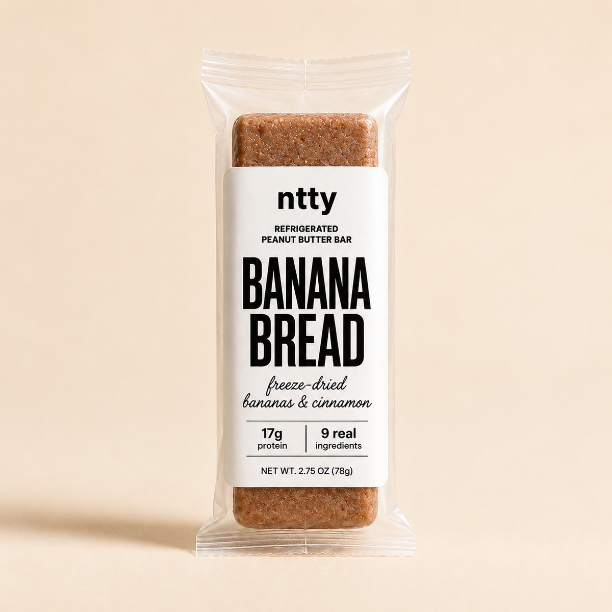 A packaged ntty refrigerated banana bread bar.