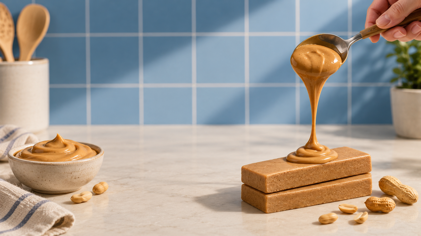 Creamy peanut butter drizzling over two ntty peanut butter protein bars with scattered peanuts and a bowl of peanut butter.
