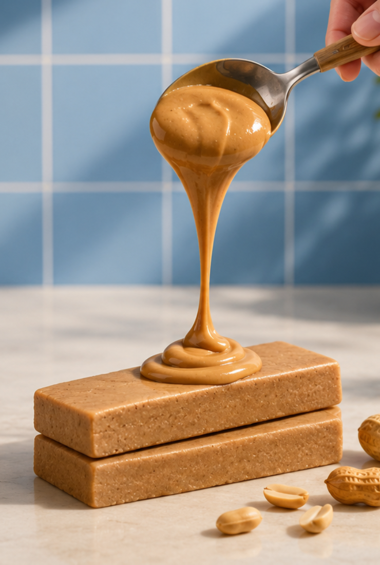 Creamy peanut butter drizzling over two ntty peanut butter protein bars with scattered peanuts.