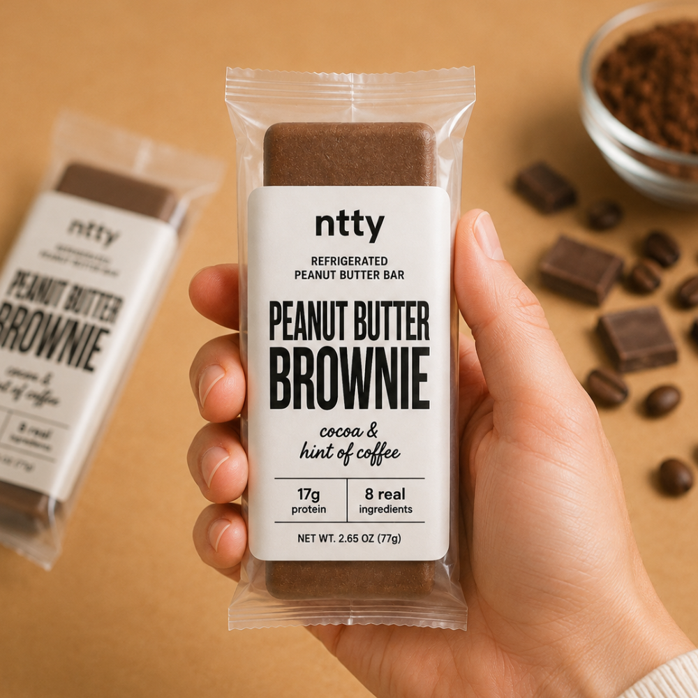 A packaged ntty refrigerated peanut butter brownie bar.