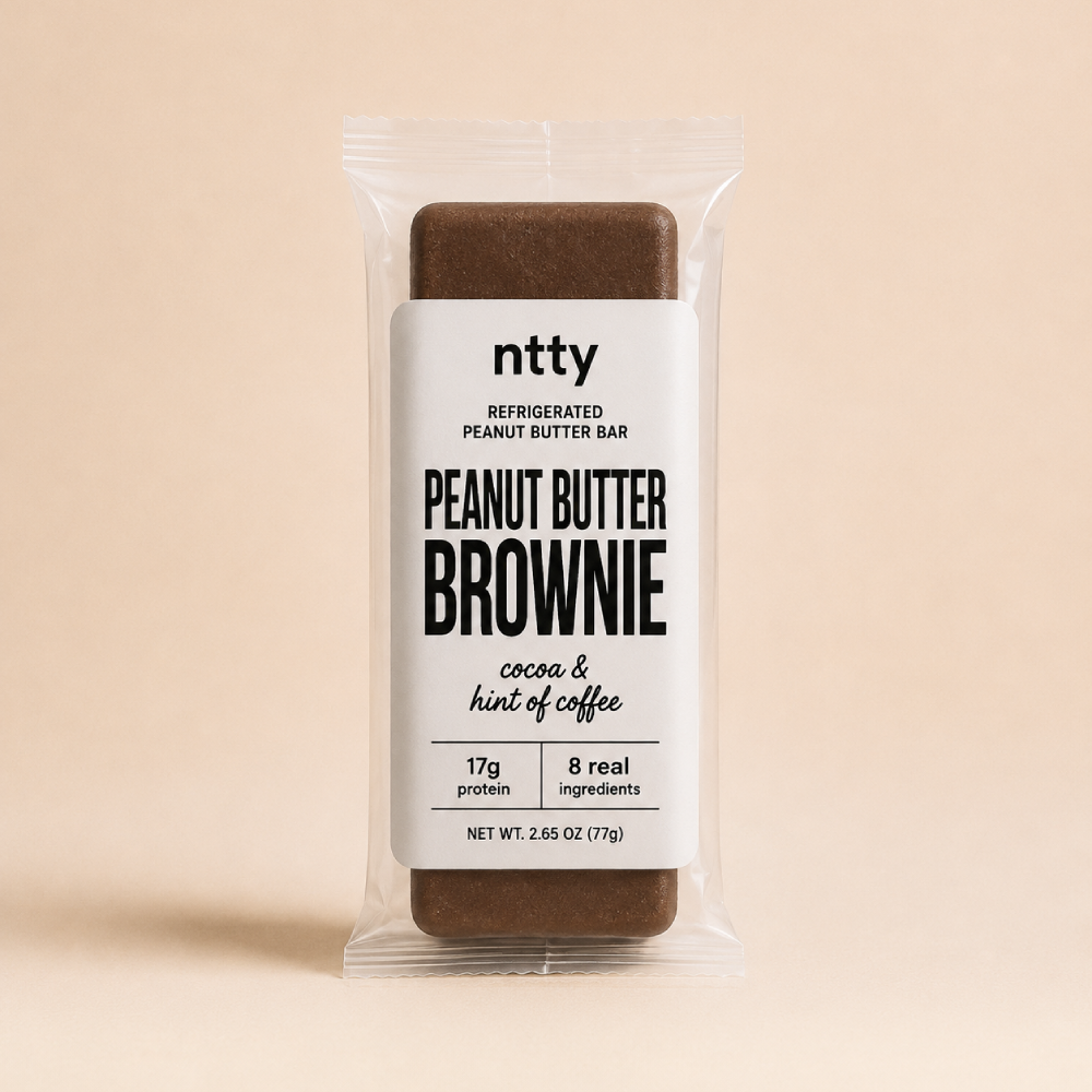 A packaged ntty refrigerated peanut butter brownie bar.
