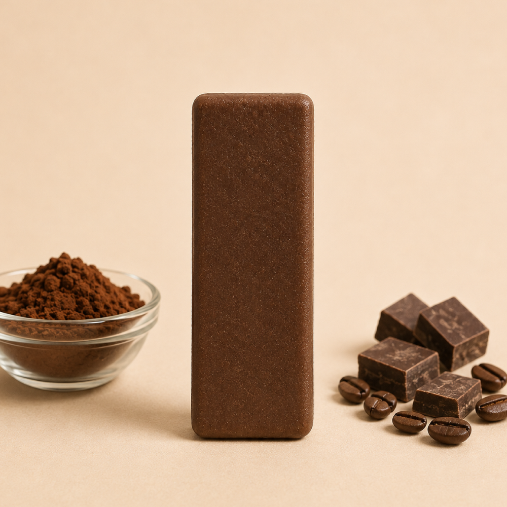 An unwrapped refrigerated peanut butter brownie bar with scattered chocolate, decaf coffee beans, and bowl of cocoa powder.