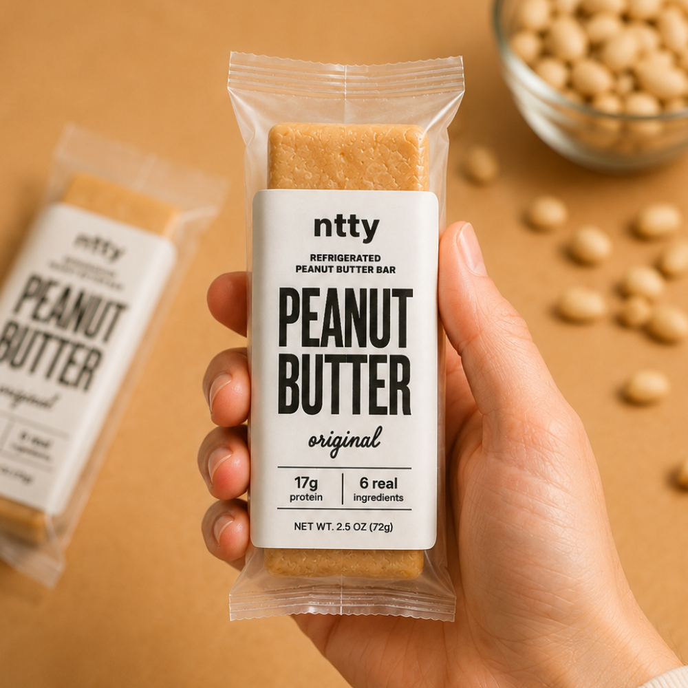 A packaged ntty refrigerated peanut butter bar.