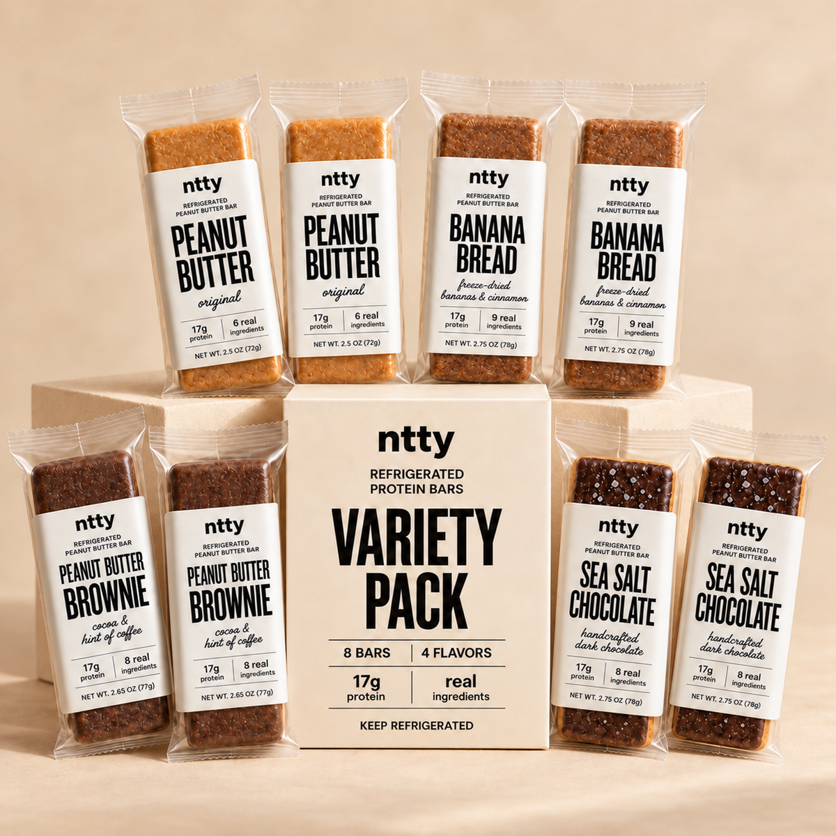 ntty Variety Pack box with eight bars in four flavors, two of each.
