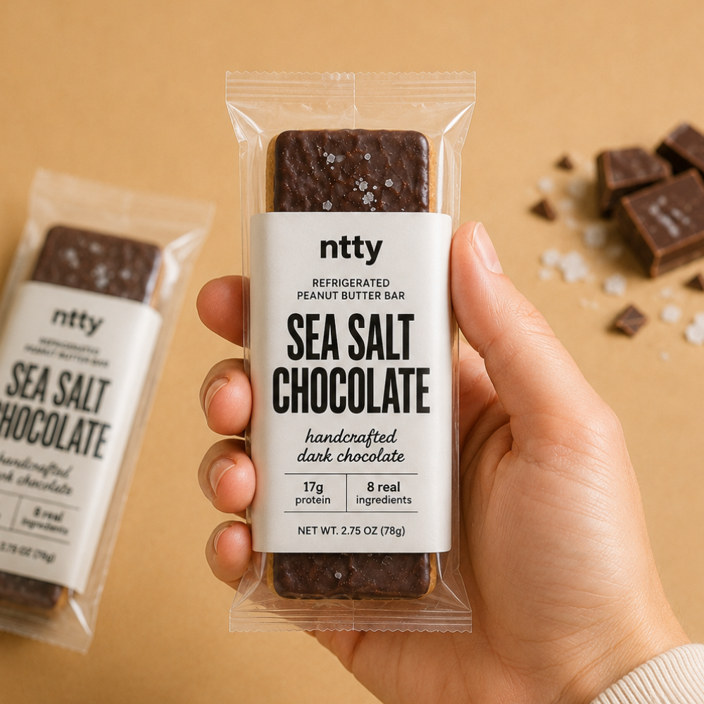 A packaged ntty refrigerated sea salt chocoalte bar.