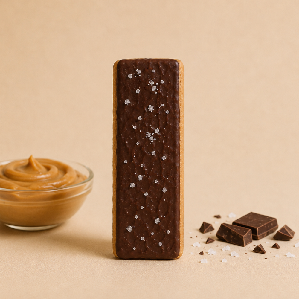 An unwrapped ntty refrigerated sea salt chooclate bar with scattered chocolate, sea salt and a bowl of creamy peanut butter.