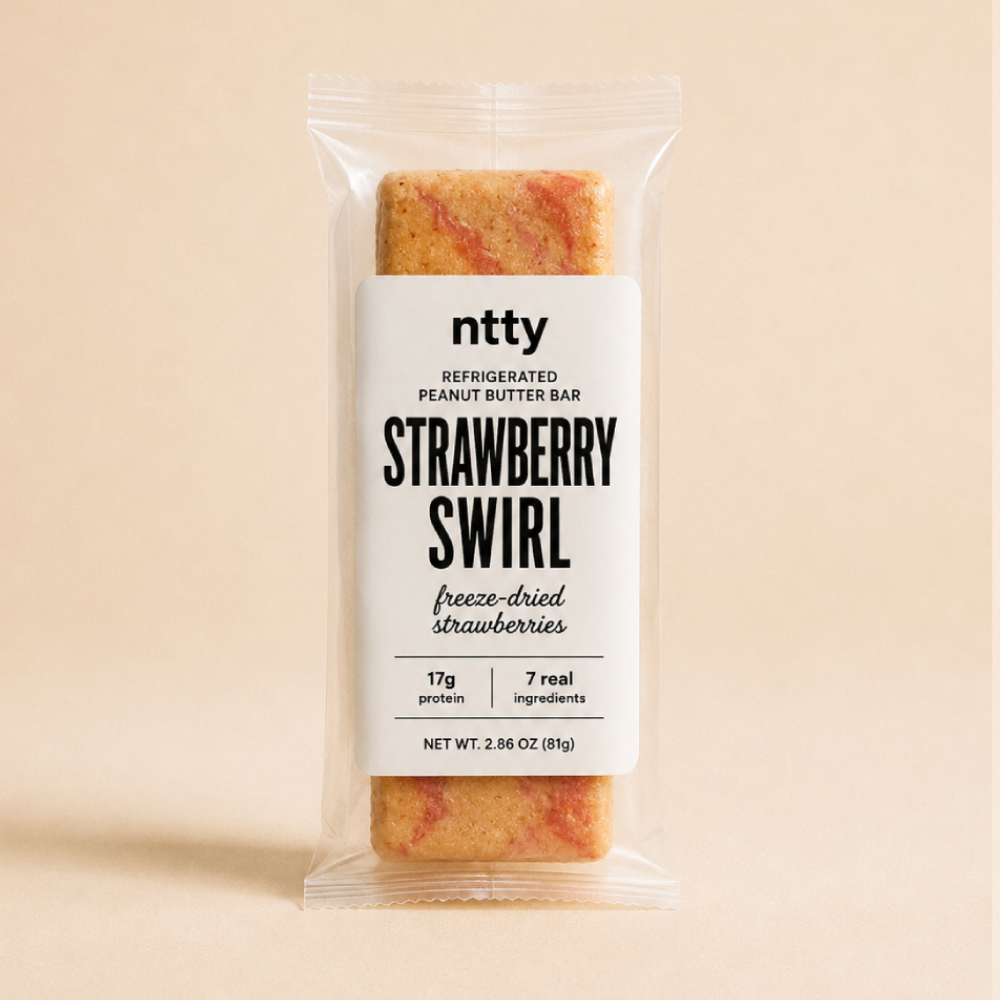 A packaged ntty refrigerated strawberry swirl bar.