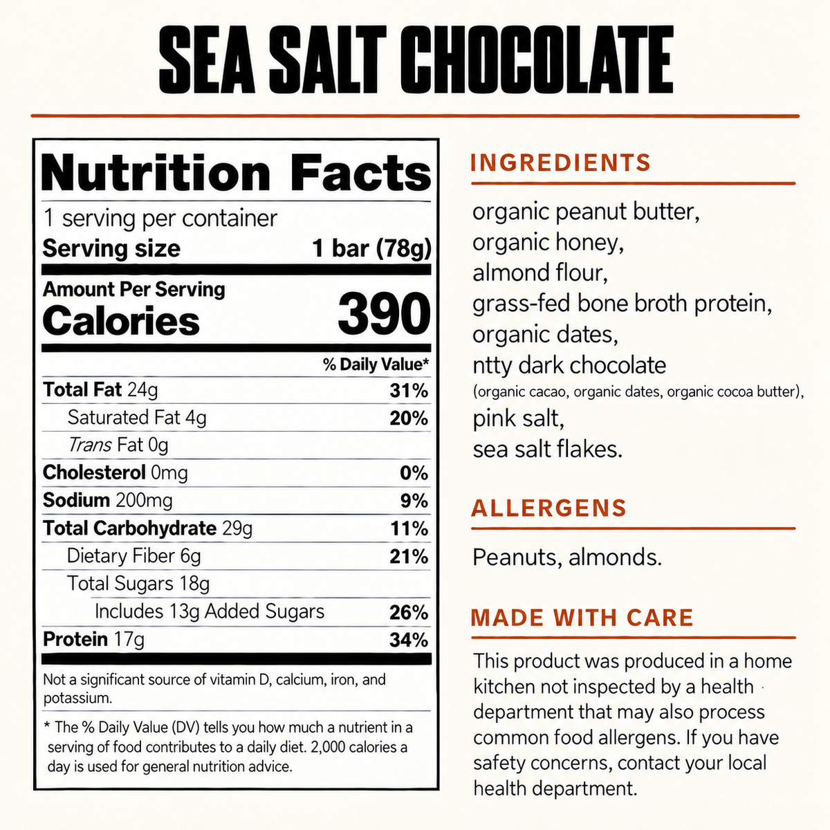 Nutrition facts and ingredients for sea salt chocolate protein bar: 390 calories, 17g protein, and 6g fiber per 78g bar. Contains peanuts and almonds.