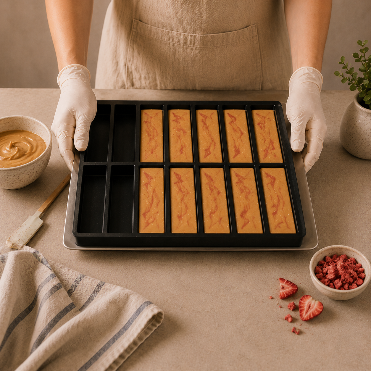 A person holding a tray of ntty strawberry swirl bars.