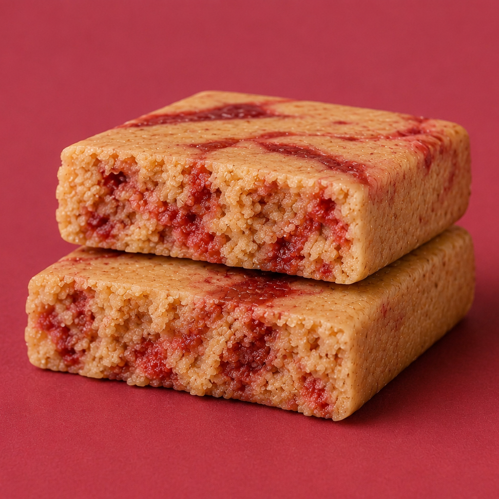 cut ntty strawberry swirl protein bar showing the interior