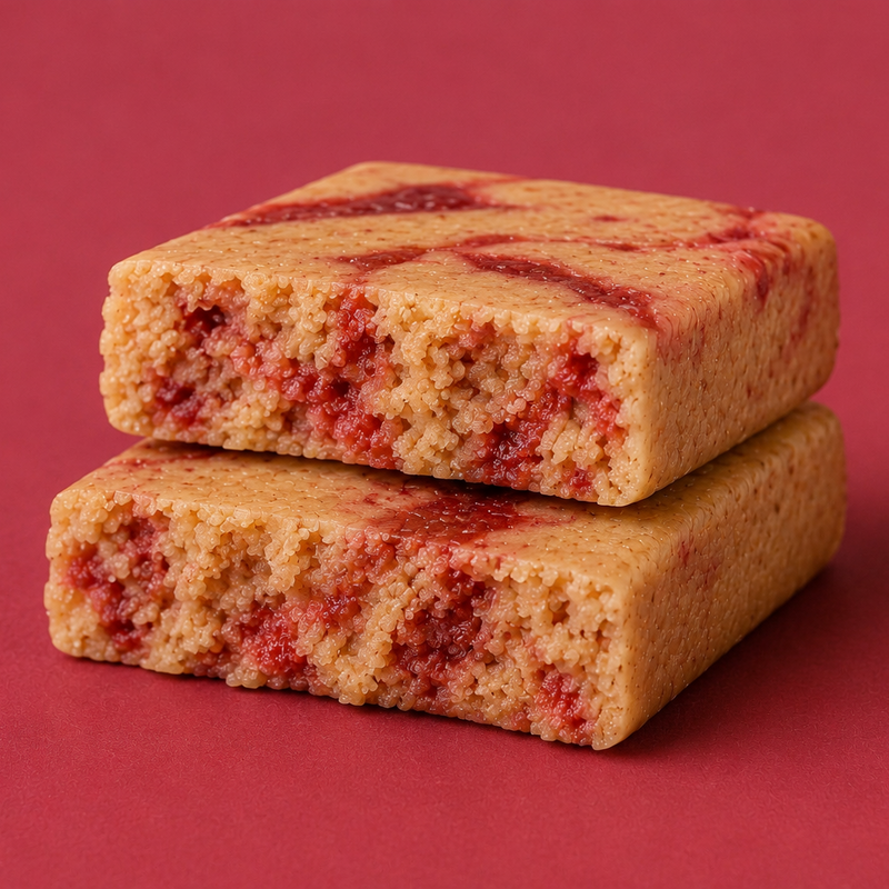 cut ntty strawberry swirl protein bar showing the interior