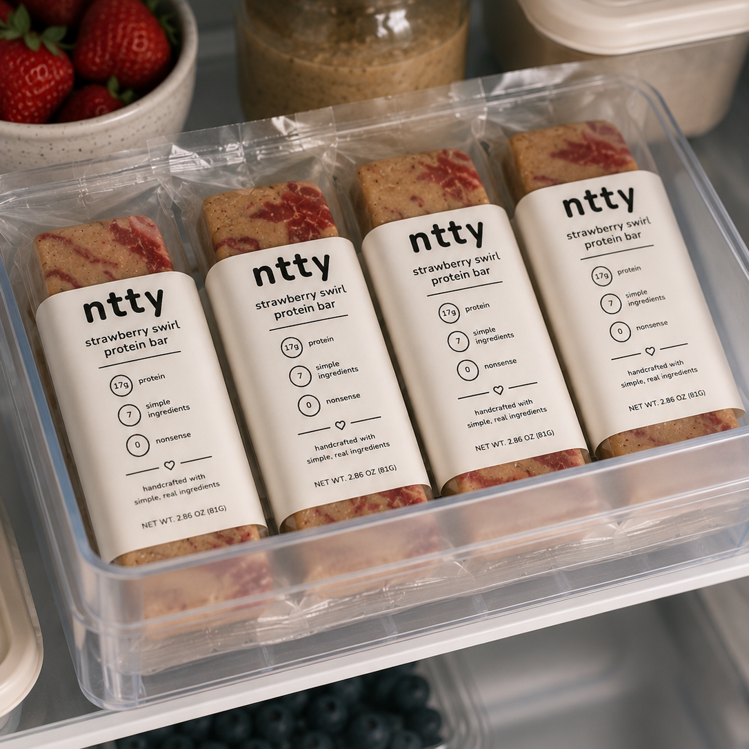 refrigerated ntty strawberry swirl protein bars made with simple, real ingredients