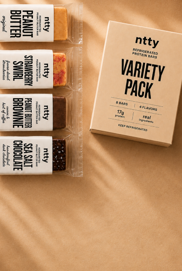 ntty Variety Pack displayed alongside all four refrigerated peanut butter protein bar flavors.