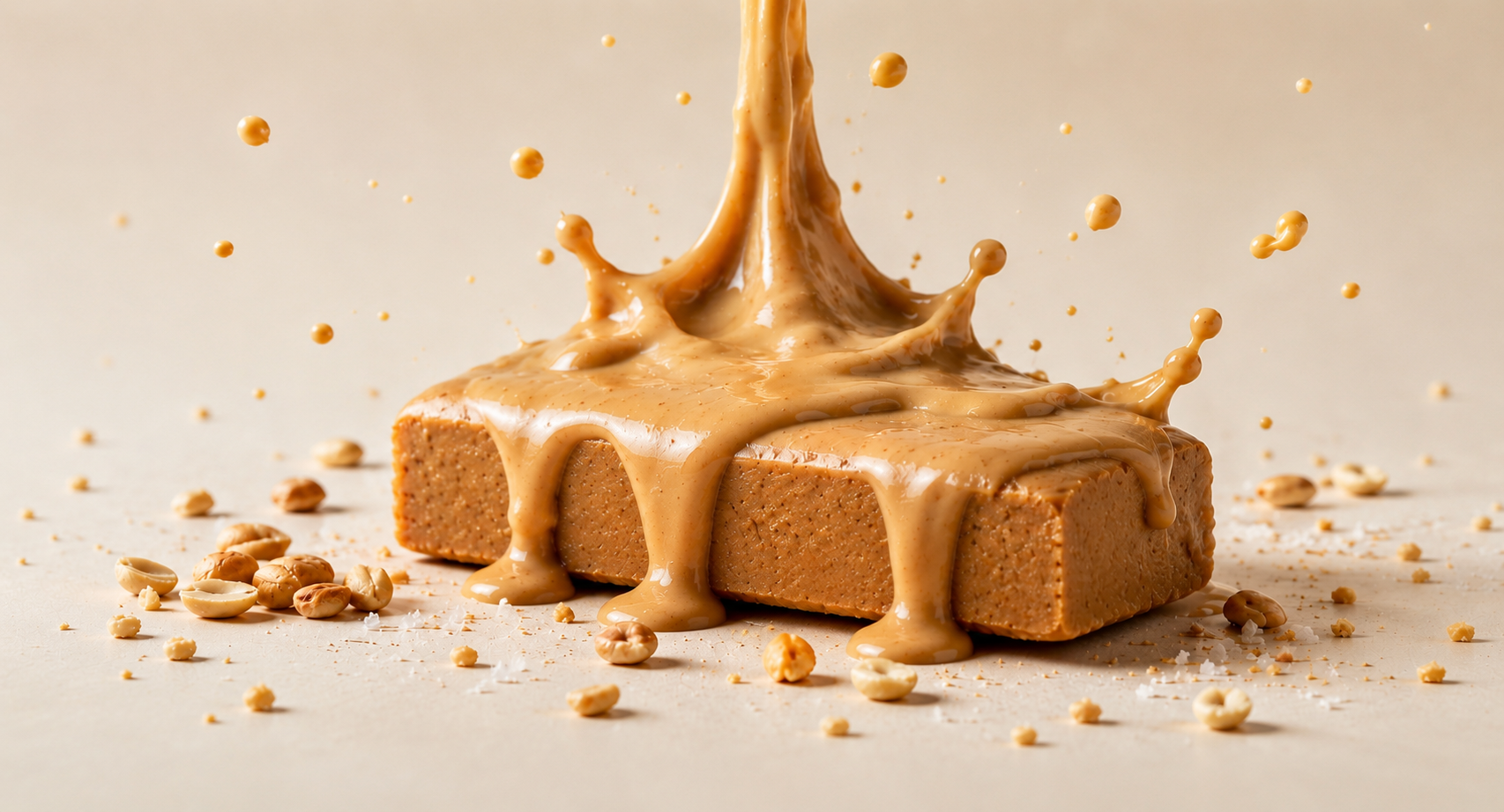 Handcrafted peanut butter bar covered in a pour of creamy peanut butter with roasted peanuts scattered around it.