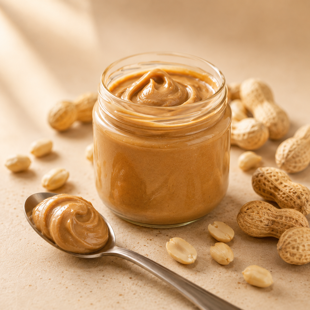 A glass jar filled with creamy peanut butter sits on a beige surface, surrounded by scattered peanuts and a metal spoon holding a swirl of peanut butter.