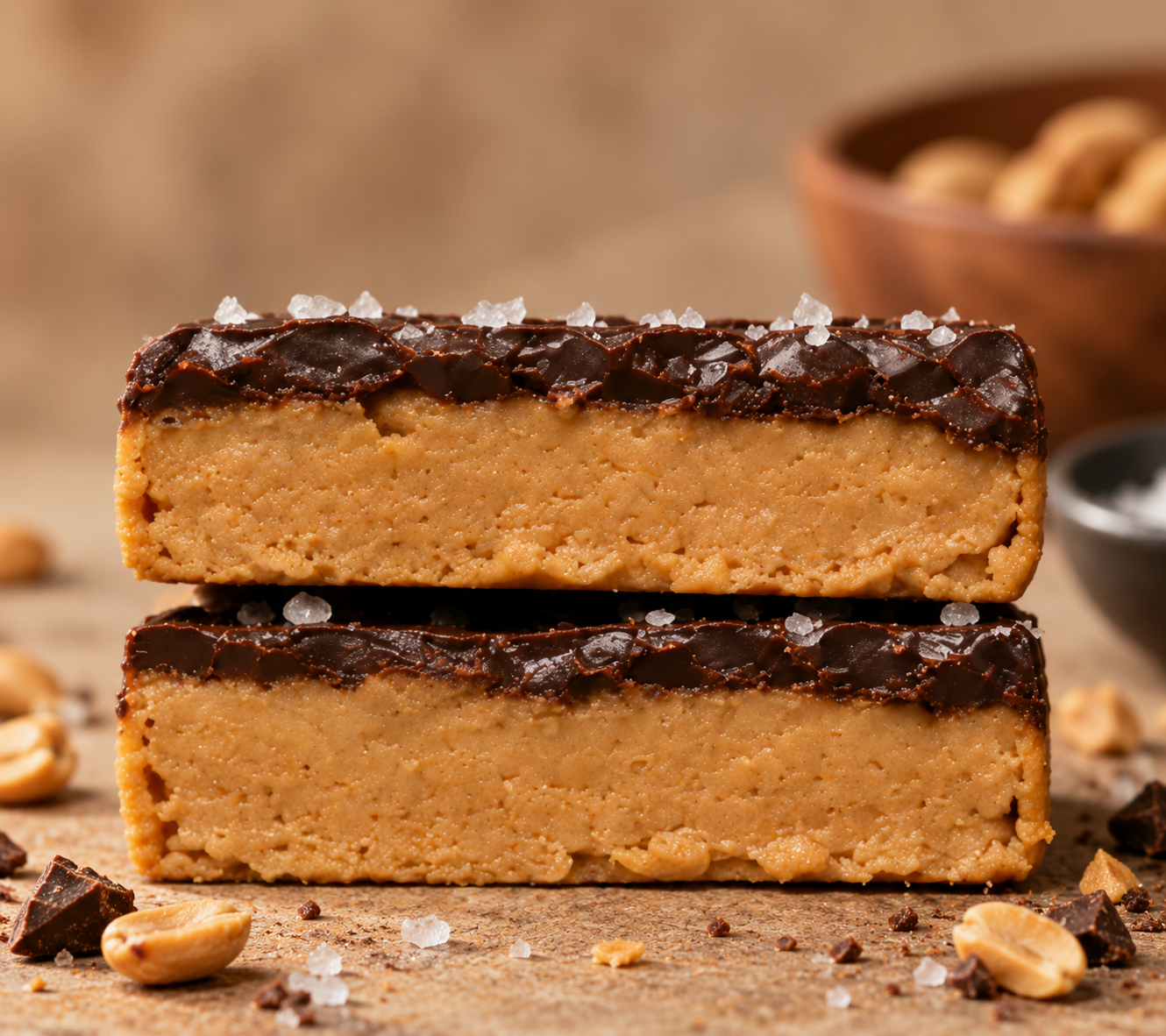 Sea Salt Chocolate peanut butter bars topped with ntty house-made dark chocolate and flaky sea salt.
